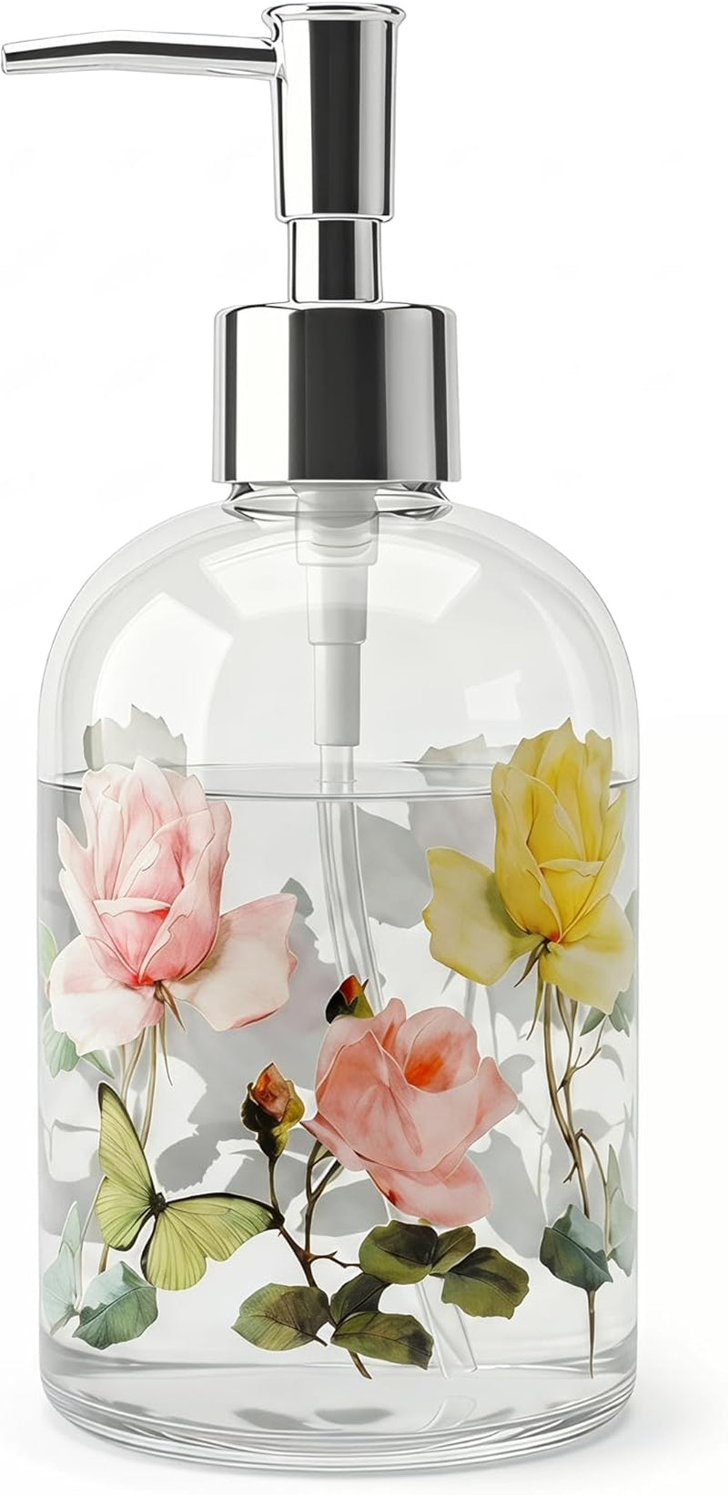 Floral Glass Soap Dispenser 17Oz, Vintage Rose & Butterfly Liquid Pump Bottle, Refillable Bathroom & Kitchen Hand Soap Dispenser, Decorative Countertop Decor