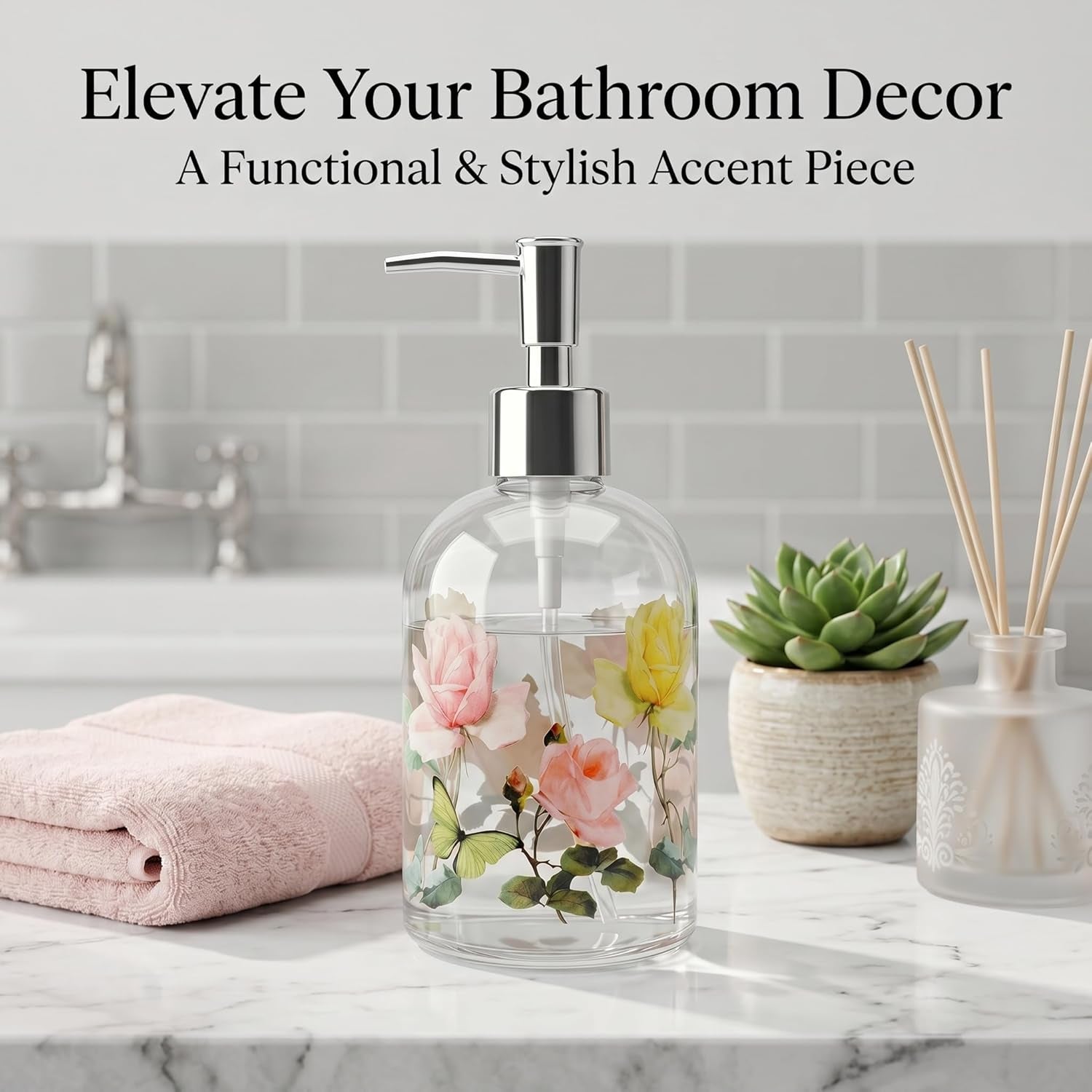 Floral Glass Soap Dispenser 17Oz, Vintage Rose & Butterfly Liquid Pump Bottle, Refillable Bathroom & Kitchen Hand Soap Dispenser, Decorative Countertop Decor