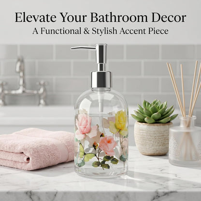 Floral Glass Soap Dispenser 17Oz, Vintage Rose & Butterfly Liquid Pump Bottle, Refillable Bathroom & Kitchen Hand Soap Dispenser, Decorative Countertop Decor