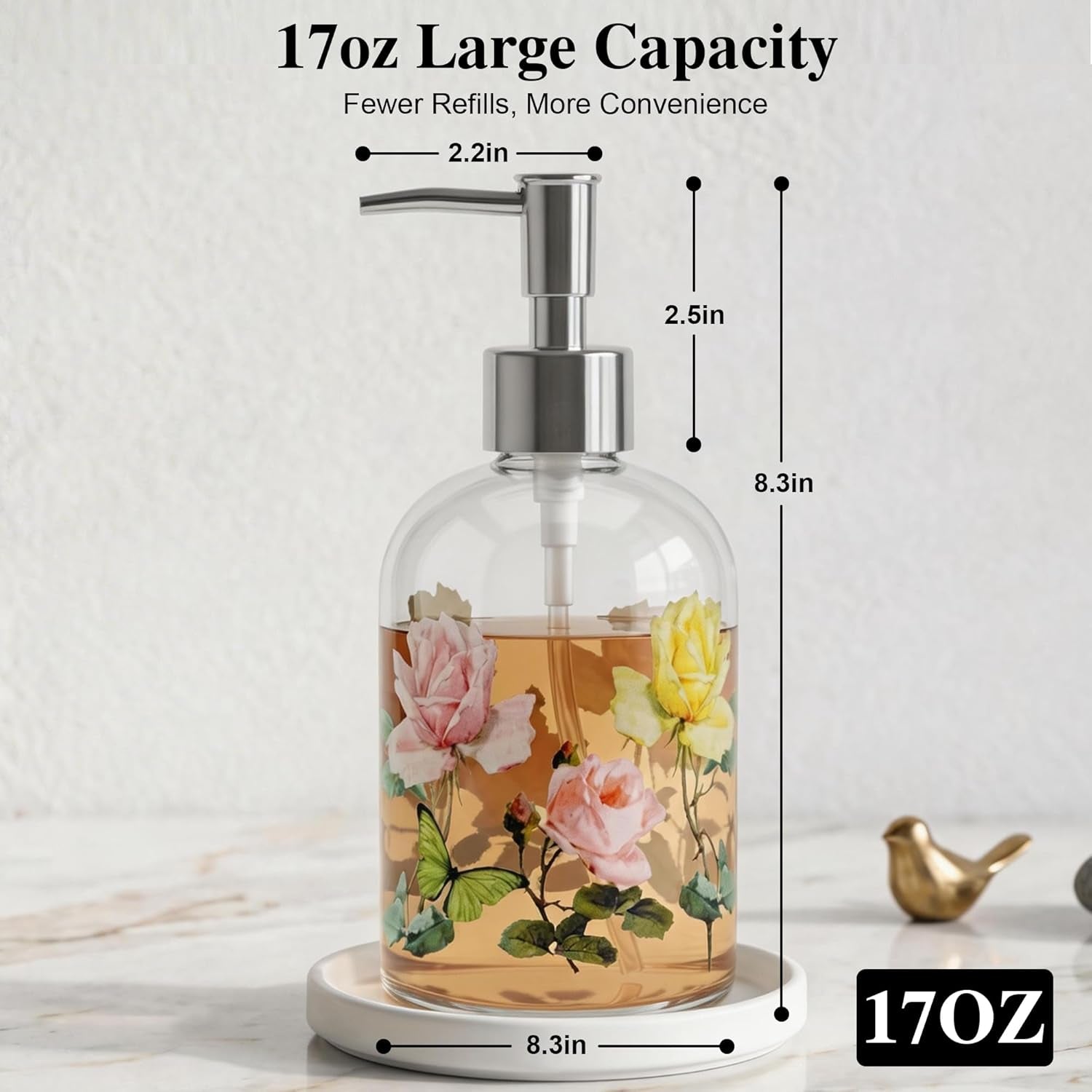 Floral Glass Soap Dispenser 17Oz, Vintage Rose & Butterfly Liquid Pump Bottle, Refillable Bathroom & Kitchen Hand Soap Dispenser, Decorative Countertop Decor
