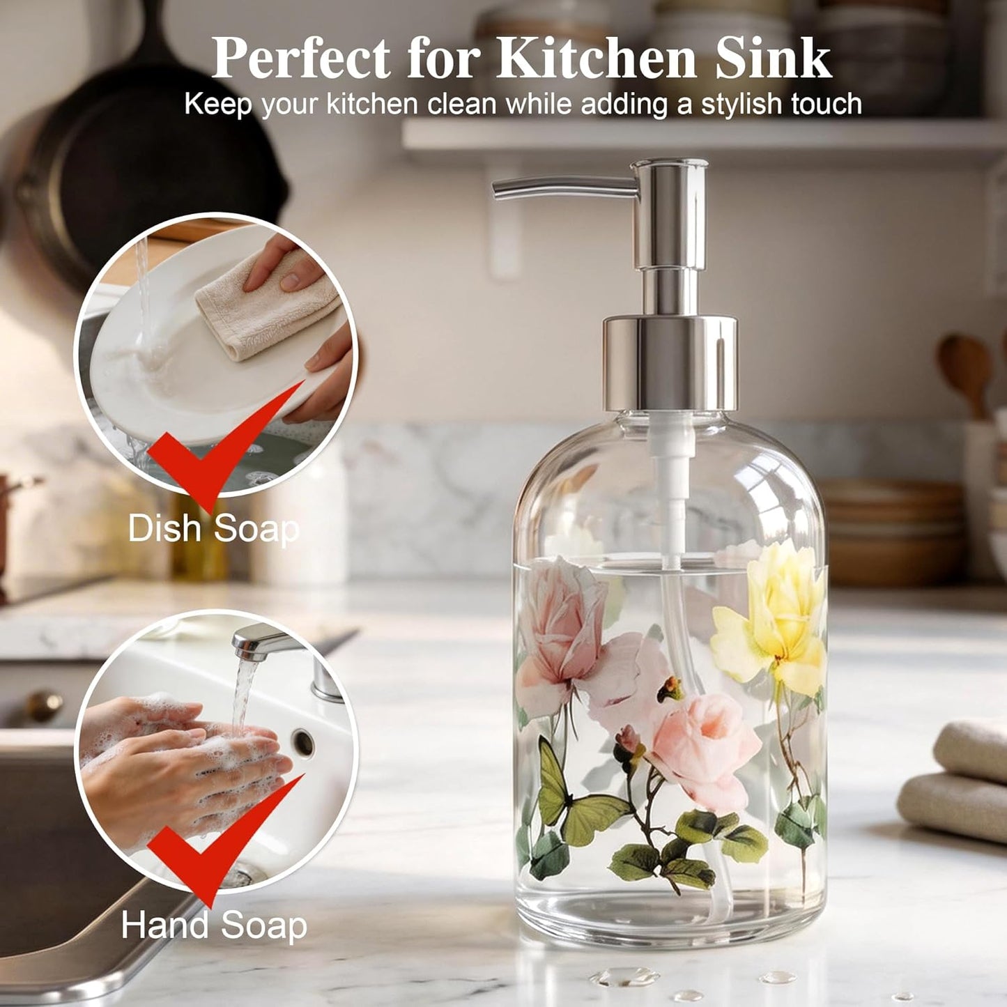 Floral Glass Soap Dispenser 17Oz, Vintage Rose & Butterfly Liquid Pump Bottle, Refillable Bathroom & Kitchen Hand Soap Dispenser, Decorative Countertop Decor