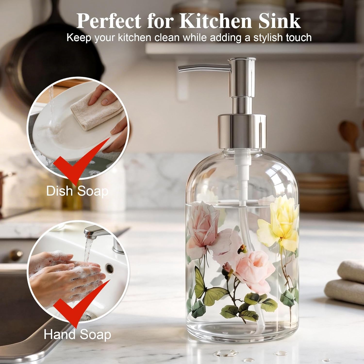 Floral Glass Soap Dispenser 17Oz, Vintage Rose & Butterfly Liquid Pump Bottle, Refillable Bathroom & Kitchen Hand Soap Dispenser, Decorative Countertop Decor