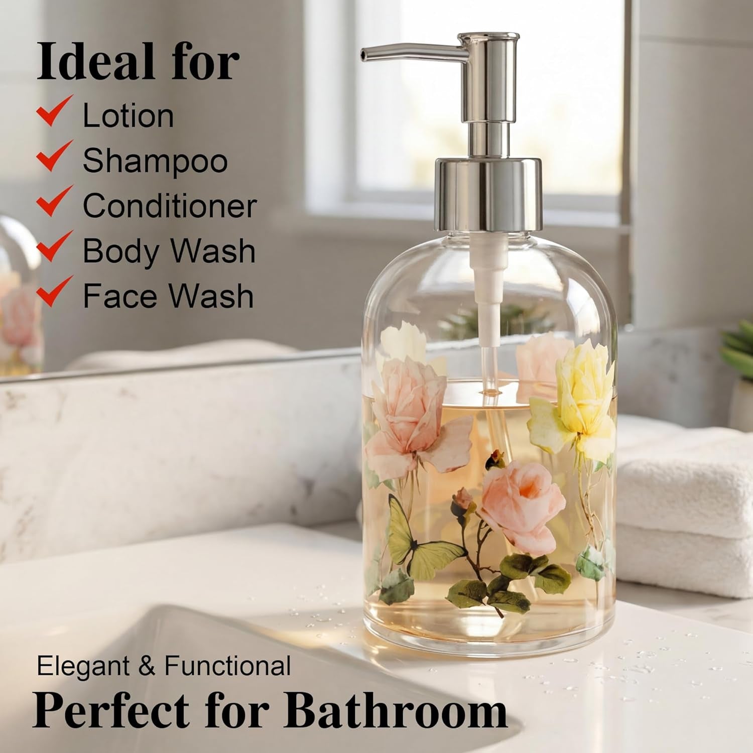 Floral Glass Soap Dispenser 17Oz, Vintage Rose & Butterfly Liquid Pump Bottle, Refillable Bathroom & Kitchen Hand Soap Dispenser, Decorative Countertop Decor