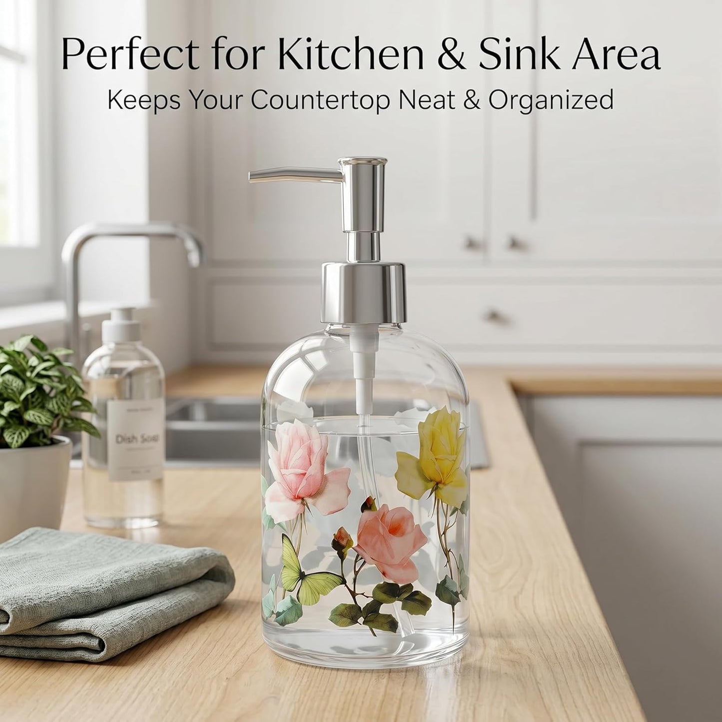 Floral Glass Soap Dispenser 17Oz, Vintage Rose & Butterfly Liquid Pump Bottle, Refillable Bathroom & Kitchen Hand Soap Dispenser, Decorative Countertop Decor