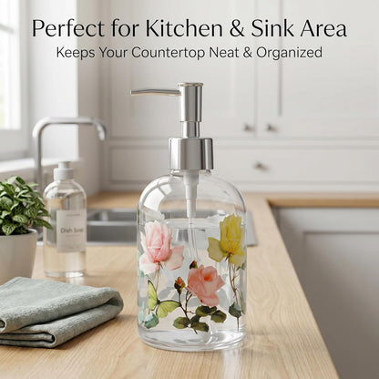 Floral Glass Soap Dispenser 17Oz, Vintage Rose & Butterfly Liquid Pump Bottle, Refillable Bathroom & Kitchen Hand Soap Dispenser, Decorative Countertop Decor