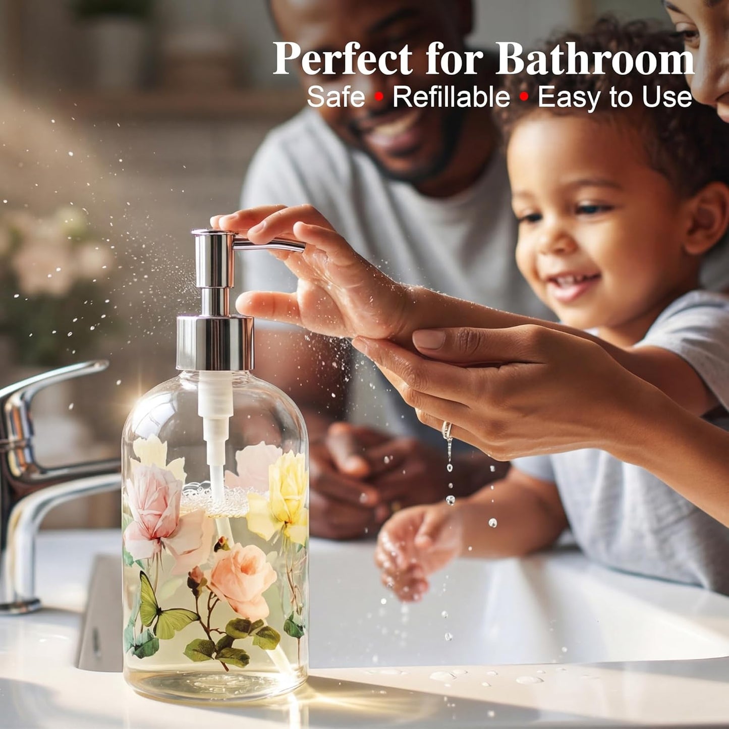 Floral Glass Soap Dispenser 17Oz, Vintage Rose & Butterfly Liquid Pump Bottle, Refillable Bathroom & Kitchen Hand Soap Dispenser, Decorative Countertop Decor