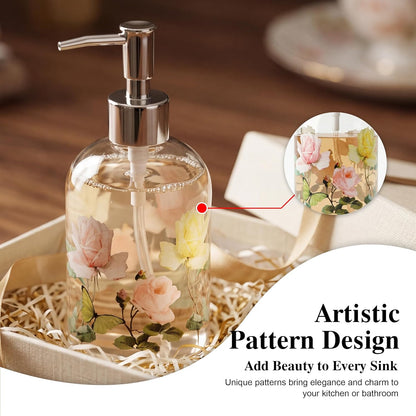 Floral Glass Soap Dispenser 17Oz, Vintage Rose & Butterfly Liquid Pump Bottle, Refillable Bathroom & Kitchen Hand Soap Dispenser, Decorative Countertop Decor