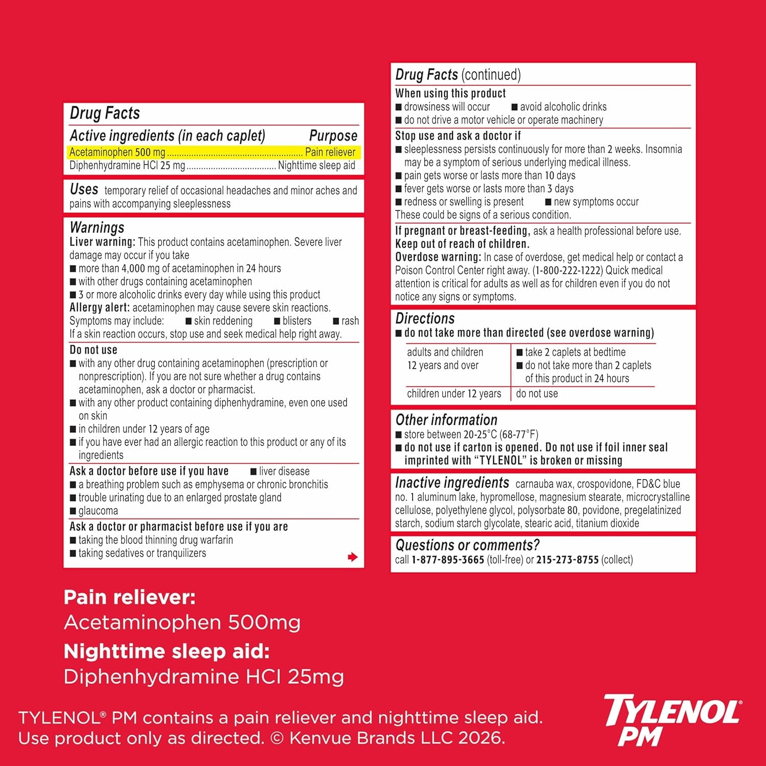 Tylenol PM Extra Strength Nighttime Pain Reliever & Sleep Aid Caplets, 500 Mg Acetaminophen & 25 Mg Diphenhydramine Hcl, Relief for Nighttime Aches & Pains, Non-Habit Forming, 150 Ct