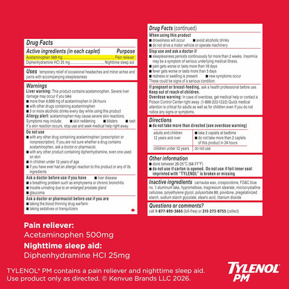 Tylenol PM Extra Strength Nighttime Pain Reliever & Sleep Aid Caplets, 500 Mg Acetaminophen & 25 Mg Diphenhydramine Hcl, Relief for Nighttime Aches & Pains, Non-Habit Forming, 150 Ct