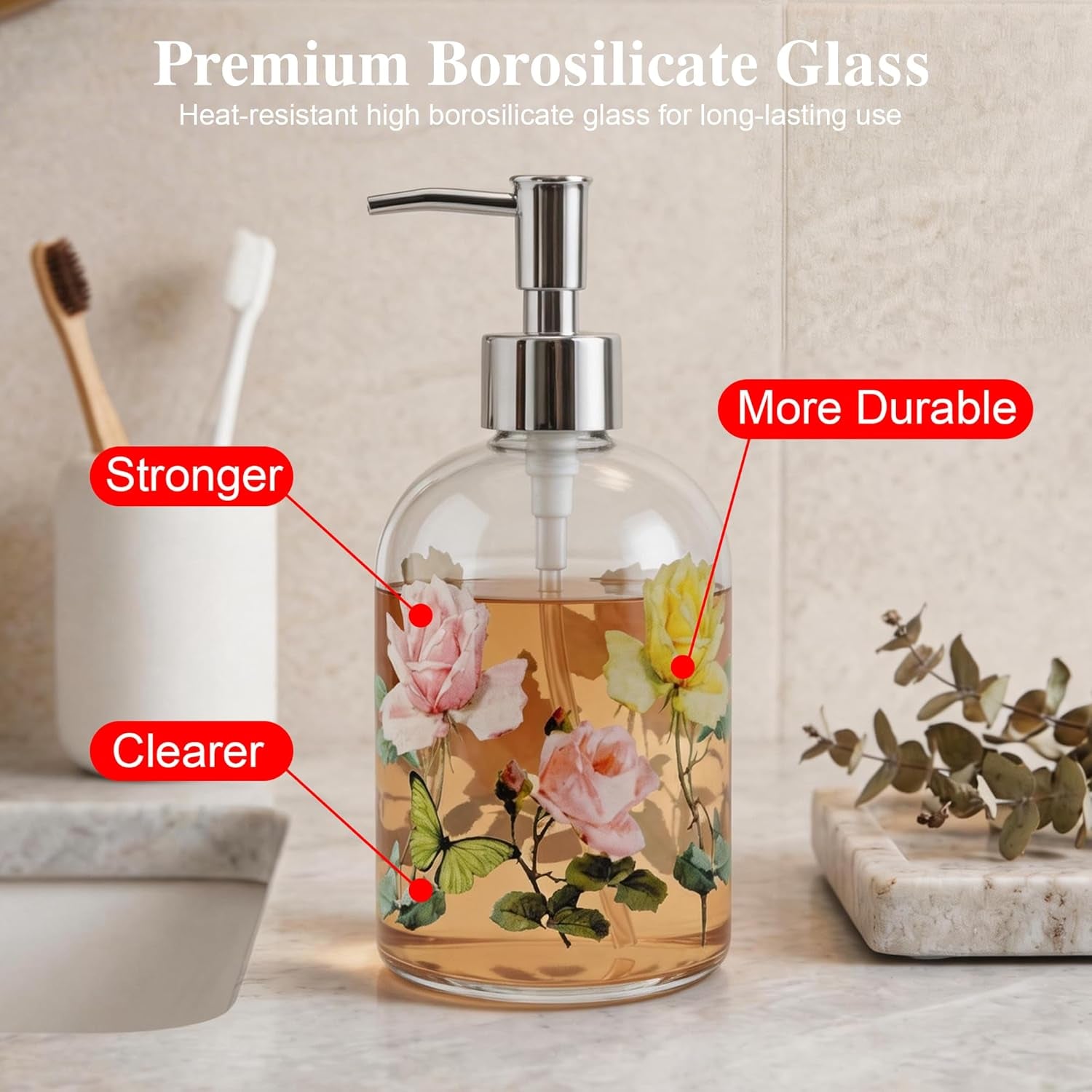 Floral Glass Soap Dispenser 17Oz, Vintage Rose & Butterfly Liquid Pump Bottle, Refillable Bathroom & Kitchen Hand Soap Dispenser, Decorative Countertop Decor