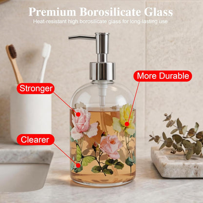 Floral Glass Soap Dispenser 17Oz, Vintage Rose & Butterfly Liquid Pump Bottle, Refillable Bathroom & Kitchen Hand Soap Dispenser, Decorative Countertop Decor