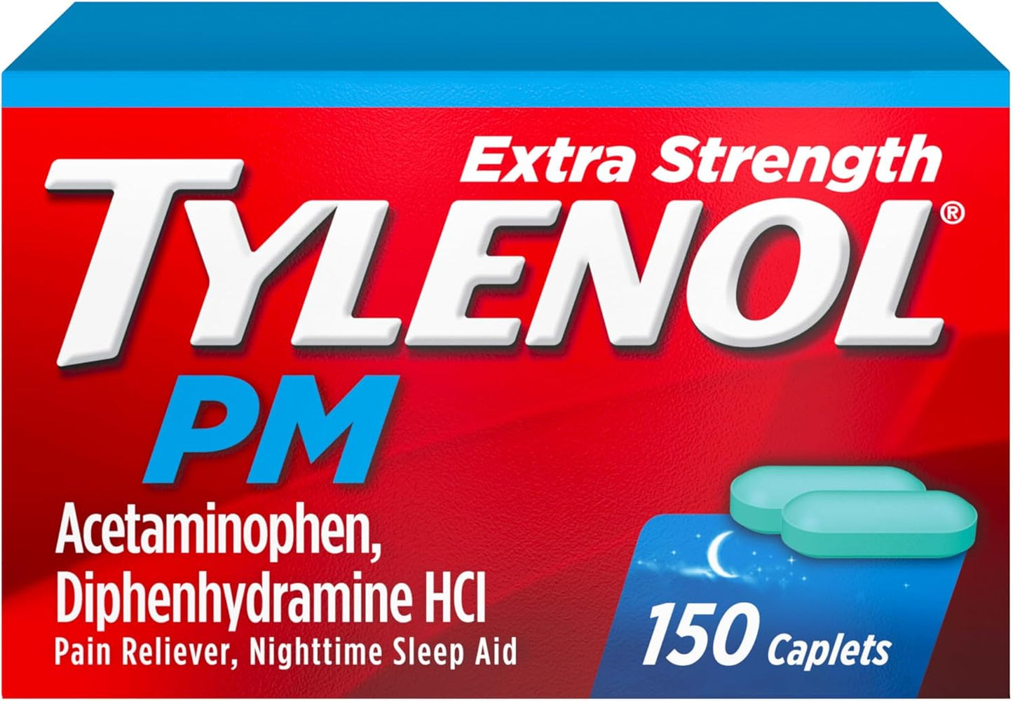Tylenol PM Extra Strength Nighttime Pain Reliever & Sleep Aid Caplets, 500 Mg Acetaminophen & 25 Mg Diphenhydramine Hcl, Relief for Nighttime Aches & Pains, Non-Habit Forming, 150 Ct